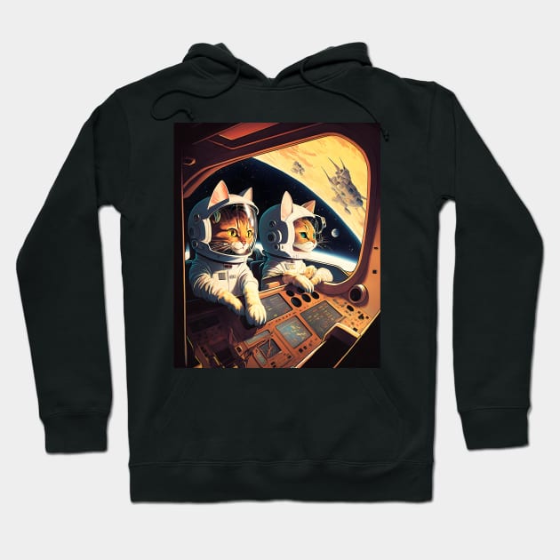 Cute Cats in Space Retro Fantastic Japanese Anime Hoodie by Ai Wanderer